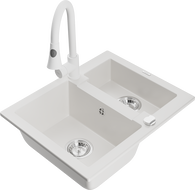 Mexen Carlos granitový dřez s 1,5 komorami s kuchyňskou baterií Elia, bílý - 6518-20-670101-20