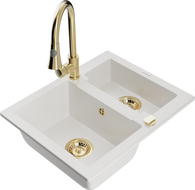 Mexen Carlos granitový dřez 1,5-komorový s kuchyňskou baterií Elia, bílý - 6518-20-670101-50