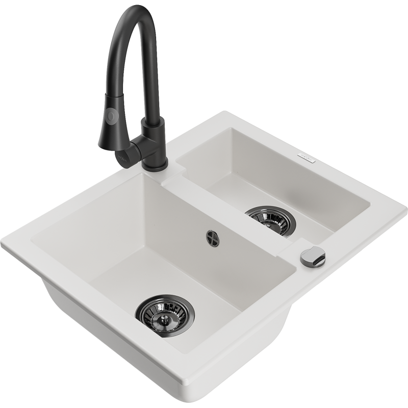 Mexen Carlos granitový dřez 1,5-komorový s kuchyňskou baterií Elia, bílý - 6518-20-670101-70