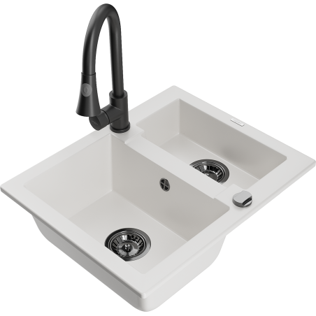 Mexen Carlos granitový dřez 1,5-komorový s kuchyňskou baterií Elia, bílý - 6518-20-670101-70