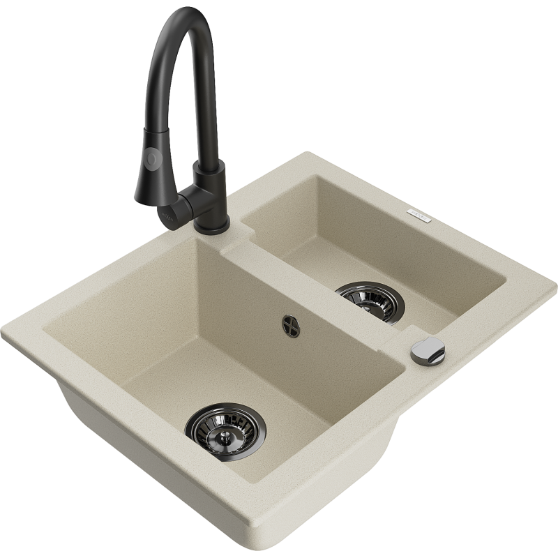 Mexen Carlos granitový dřez 1,5-komorový s kuchyňskou baterií Elia, béžový - 6518-69-670101-70