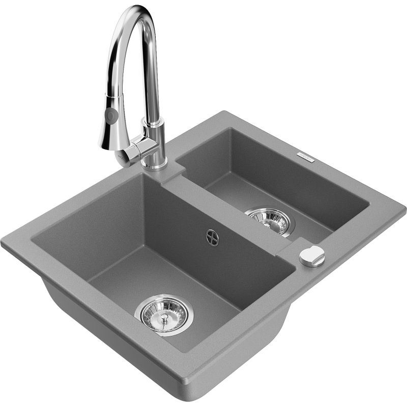 Mexen Carlos granitový dřez 1,5-komorový s kuchyňskou baterií Elia, šedý - 6518-71-670101-00