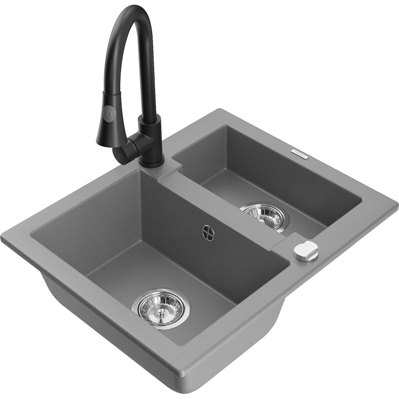 Mexen Carlos granitový dřez 1,5-komorový s kuchyňskou baterií Elia, šedý - 6518-71-670101-70