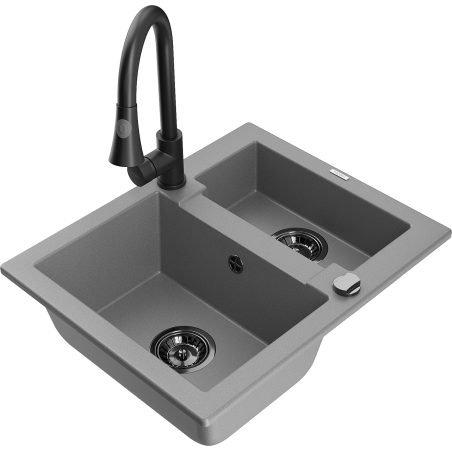 Mexen Carlos granitový dřez 1,5-komorový s kuchyňskou baterií Elia, šedý - 6518-71-670101-70-B