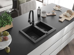 Mexen Carlos granitový dřez 1,5-komorový s kuchyňskou baterií Elia, černý/stříbrný metalik - 6518-73-670101-70-B