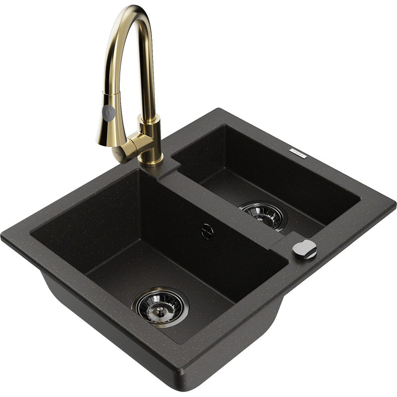 Mexen Carlos žulový dřez 1,5-komorový s kuchyňskou baterií Elia, černý/zlatý metalik - 6518-75-670101-50-B