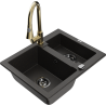 Mexen Carlos žulový dřez 1,5-komorový s kuchyňskou baterií Elia, černý/zlatý metalik - 6518-75-670101-50-B