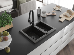 Mexen Carlos granitový dřez 1,5-komorový s kuchyňskou baterií Elia, černý/zlatý metalik - 6518-75-670101-70-B