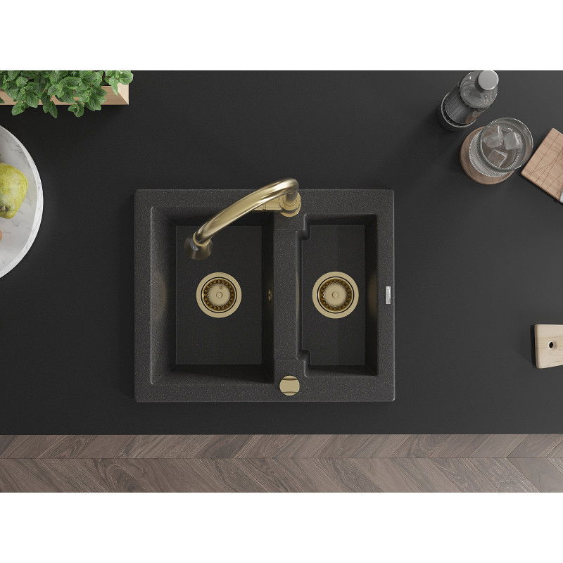 Mexen Carlos granitový dřez 1,5-komorový s kuchyňskou baterií Elia, černý skvrnitý - 6518-76-670101-50