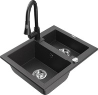 Mexen Carlos granitový dřez 1,5-komorový s kuchyňskou baterií Elia, černý skvrnitý - 6518-76-670101-70