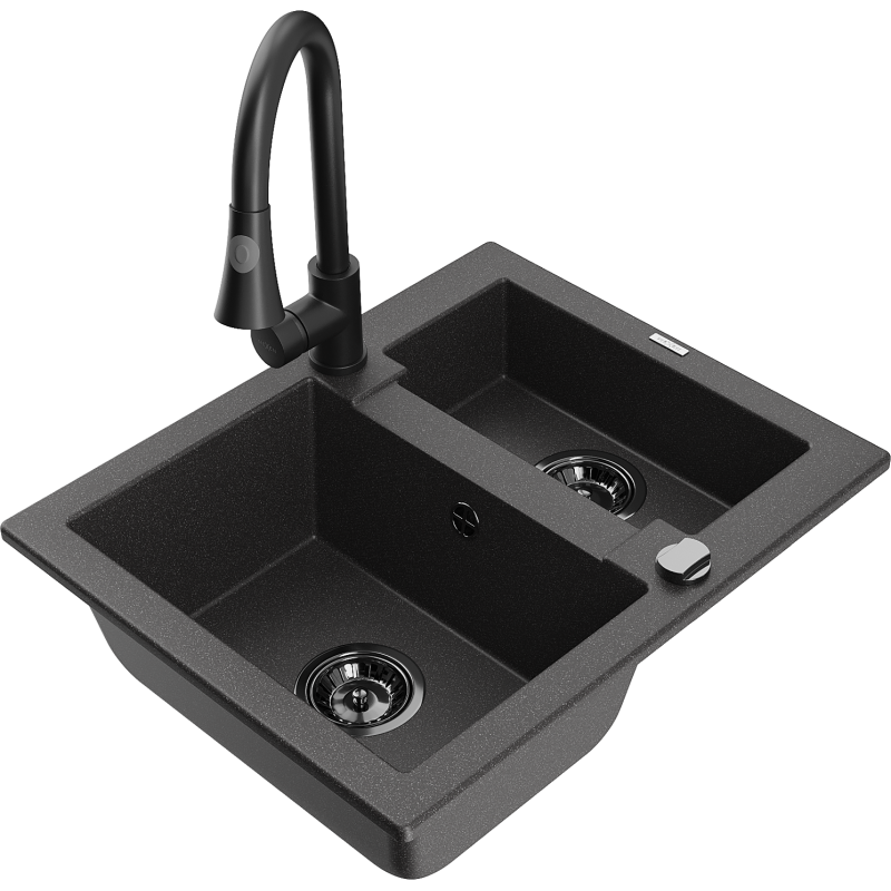 Mexen Carlos granitový dřez 1,5-komorový s kuchyňskou baterií Elia, černý skvrnitý - 6518-76-670101-70-B
