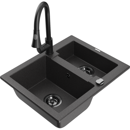 Mexen Carlos granitový dřez 1,5-komorový s kuchyňskou baterií Elia, černý skvrnitý - 6518-76-670101-70-B