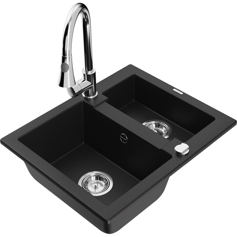 Mexen Carlos granitový dřez 1,5-komorový s kuchyňskou baterií Elia, černý - 6518-77-670101-00