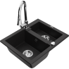 Mexen Carlos granitový dřez 1,5-komorový s kuchyňskou baterií Elia, černý - 6518-77-670101-00
