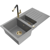 Mexen Matias granitový dřez 1,5-komorový s odkapávačem a kuchyňskou baterií Flora, šedý - 6502-71-670401-57-G