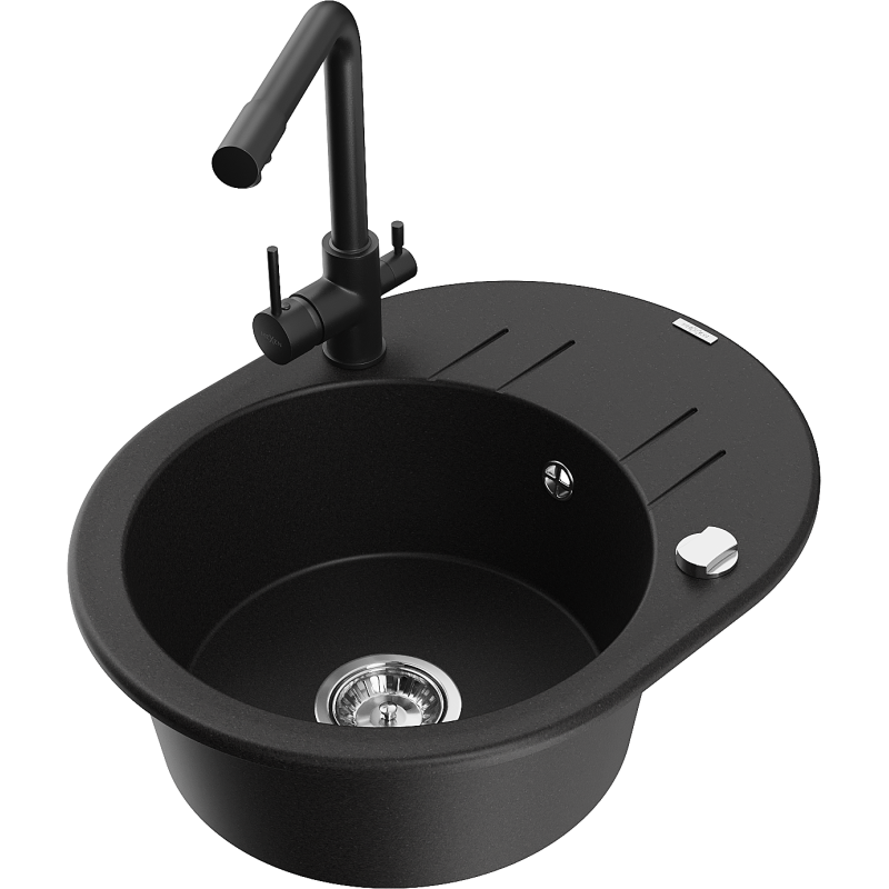 Mexen Kevin granitový dřez 1-komorový s odkapávačem a kuchyňskou baterií Duero, černý - 6517-77-671600-70