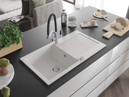 Mexen Leo granitový kuchyňský dřez s jednou komorou, odkapávačem a kuchyňskou baterií Duo, bílý - 6501-20-671701-07