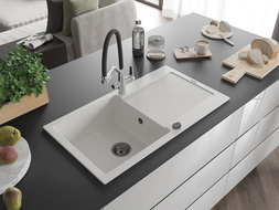 Mexen Leo granitový dřez 1-komorový s odkapávačem a kuchyňskou baterií Duo, bílý - 6501-20-671701-07-B