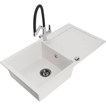 Mexen Leo granitový dřez 1-komorový s odkapávačem a kuchyňskou baterií Duo, bílý - 6501-20-671701-07-B