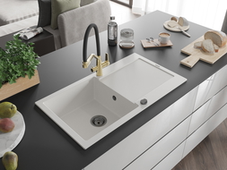 Mexen Leo granitový dřez 1-komorový s odkapávačem a kuchyňskou baterií Duo, bílý - 6501-20-671701-57-B