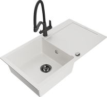 Mexen Leo granitový dřez 1-komorový s odkapávačem a kuchyňskou baterií Duo, bílý - 6501-20-671701-70-B