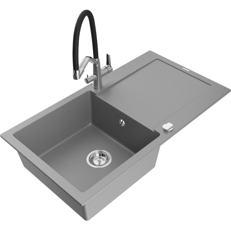 Mexen Leo granitový dřez jednokomorový s odkapávačem a kuchyňskou baterií Duo, šedý - 6501-71-671701-07
