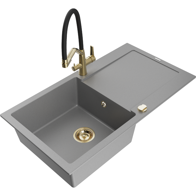 Mexen Leo granitový dřez s 1 komorou, odkapávací plochou a kuchyňskou baterií Duo, šedá - 6501-71-671701-57-G