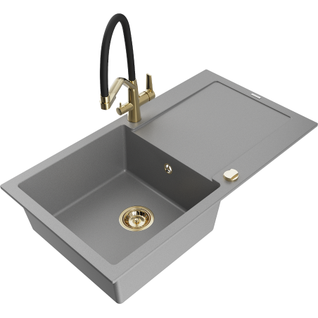 Mexen Leo granitový dřez s 1 komorou, odkapávací plochou a kuchyňskou baterií Duo, šedá - 6501-71-671701-57-G