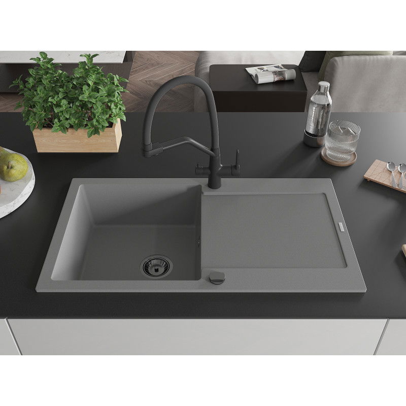 Mexen Leo granitový dřez 1-komorový s odkapávačem a kuchyňskou baterií Duo, šedá - 6501-71-671701-70-B