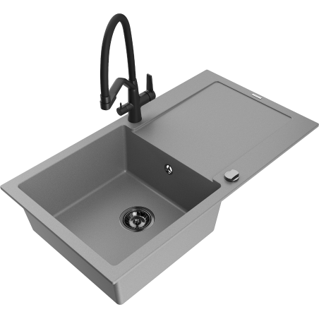 Mexen Leo granitový dřez 1-komorový s odkapávačem a kuchyňskou baterií Duo, šedá - 6501-71-671701-70-B