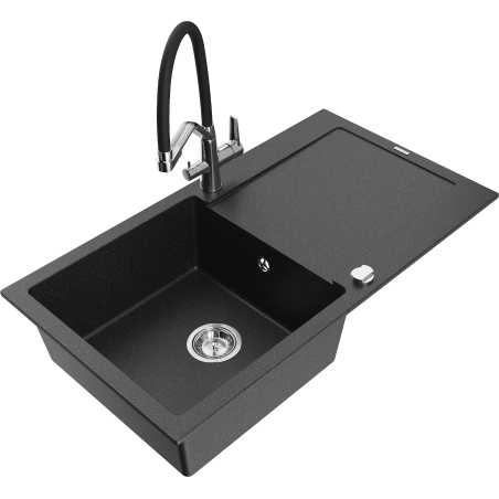 Mexen Leo granitový dřez 1-komorový s odkapávačem a kuchyňskou baterií Duo, černý/stříbrný metalik - 6501-73-671701-07