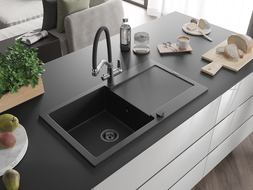 Mexen Leo granitový dřez s 1 vaničkou a odkapávačem a kuchyňskou baterií Duo, černý/stříbrný metalík - 6501-73-671701-07-B