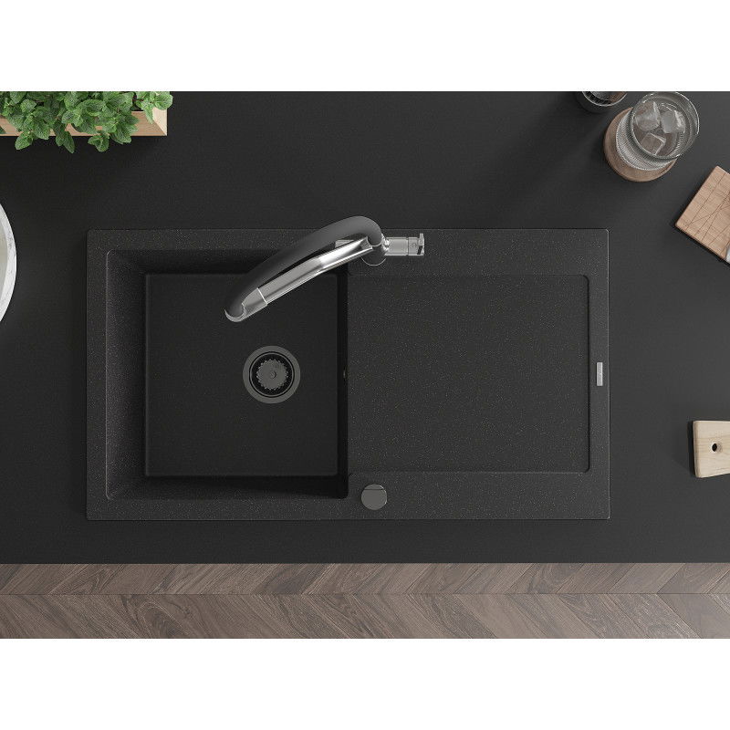 Mexen Leo granitový dřez s 1 vaničkou a odkapávačem a kuchyňskou baterií Duo, černý/stříbrný metalík - 6501-73-671701-07-B