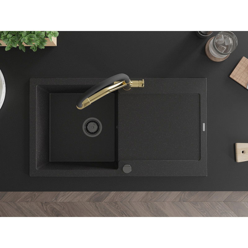 Mexen Leo granitový dřez s 1 komorou a odkapávačem a kuchyňskou baterií Duo, černý/stříbrný metalík - 6501-73-671701-57-B