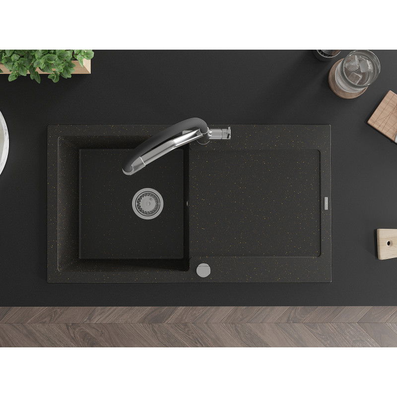 Mexen Leo dřez granitový 1-komorový s odkapávačem a kuchyňskou baterií Duo, černý/zlatý metalík - 6501-75-671701-07