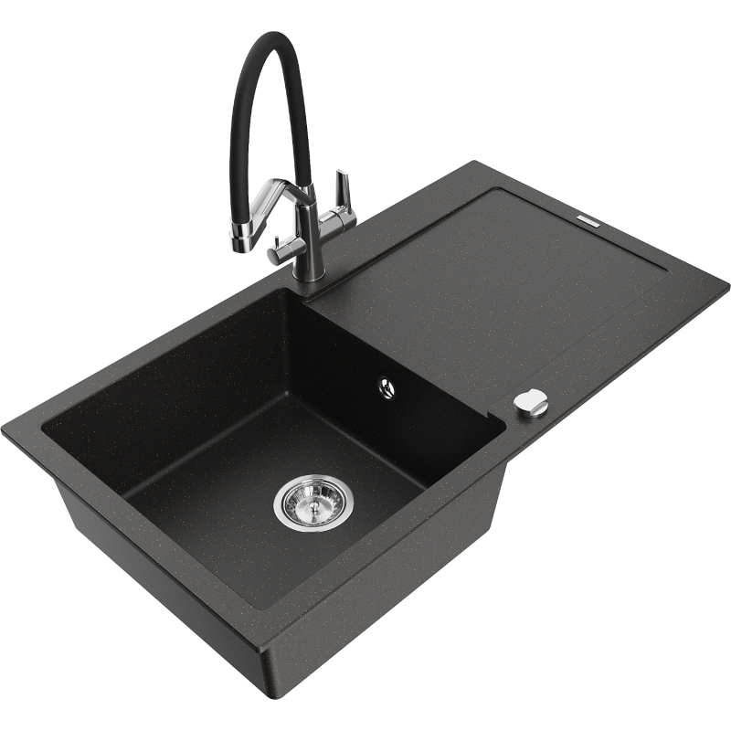 Mexen Leo dřez granitový 1-komorový s odkapávačem a kuchyňskou baterií Duo, černý/zlatý metalík - 6501-75-671701-07