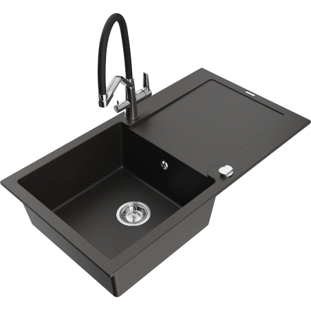 Mexen Leo dřez granitový 1-komorový s odkapávačem a kuchyňskou baterií Duo, černý/zlatý metalík - 6501-75-671701-07