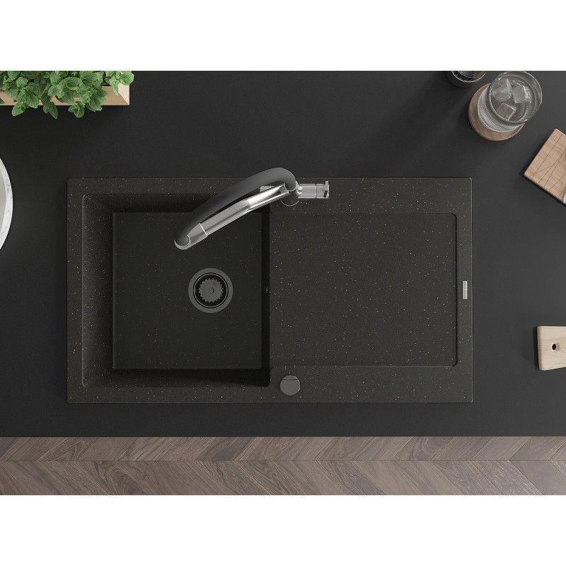 Mexen Leo granitový dřez 1-komorový s odkapávačem a kuchyňskou baterií Duo, černý/zlatý metalik - 6501-75-671701-07-B