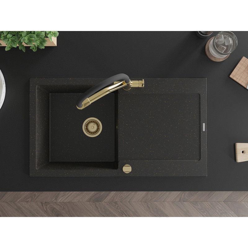 Mexen Leo granitový dřez 1-komorový s odkapávačem a kuchyňskou baterií Duo, černý/zlatý metalik - 6501-75-671701-57-G