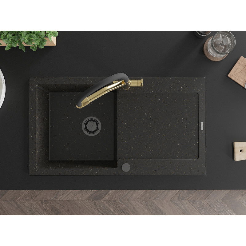 Mexen Leo granitový dřez s 1 komorou a odkapávačem a kuchyňskou baterií Duo, černý/zlatý metalický - 6501-75-671701-57-B