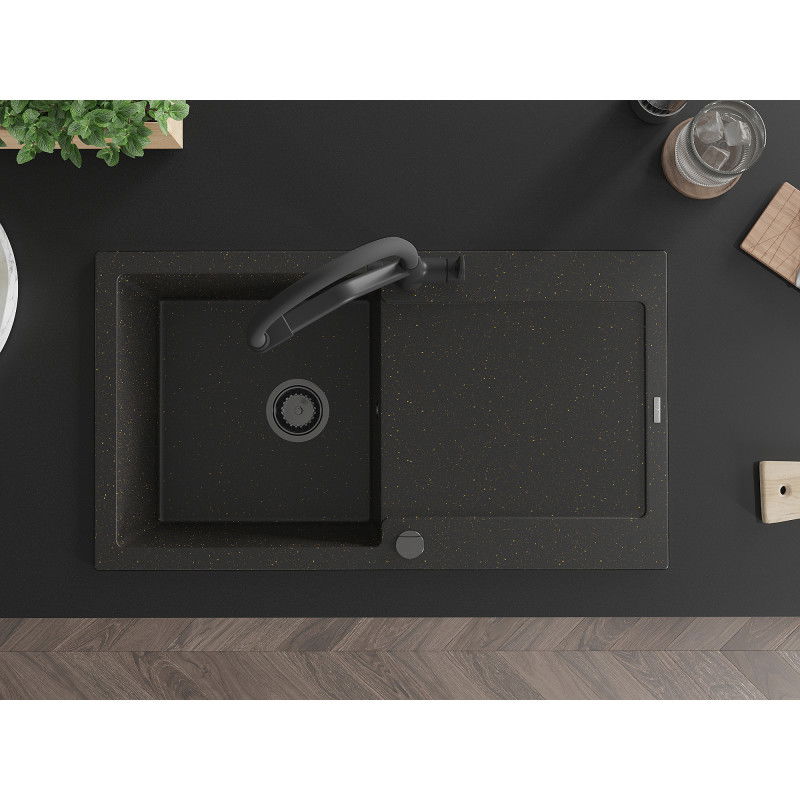 Mexen Leo granitový dřez s 1 komorou a odkapávačem a kuchyňskou baterií Duo, černý/zlatý metalický - 6501-75-671701-70-B