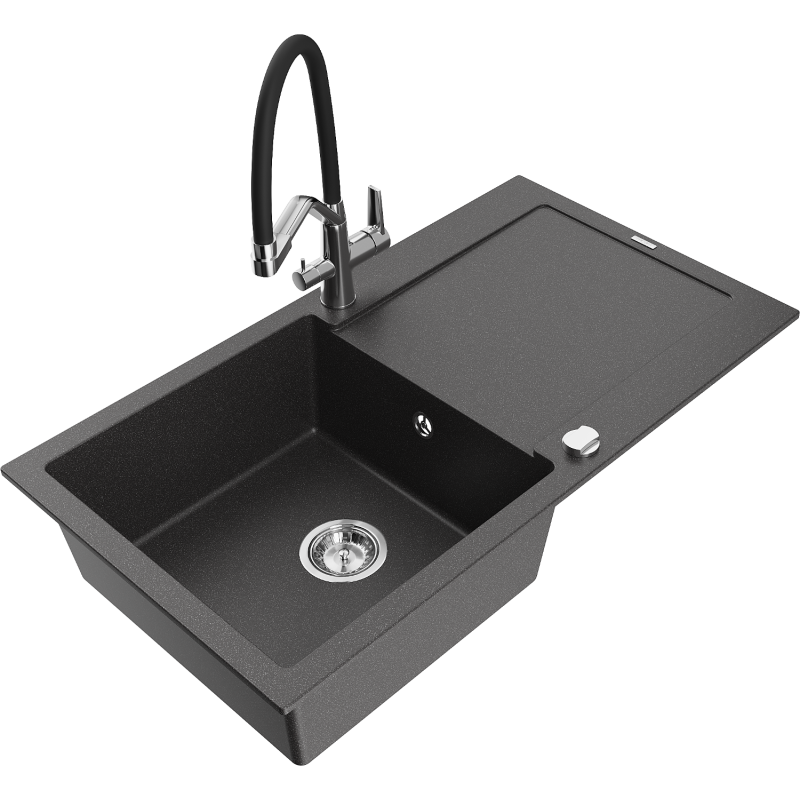 Mexen Leo granitový dřez 1-komorový s odkapávačem a kuchyňskou baterií Duo, černý žíhaný - 6501-76-671701-07