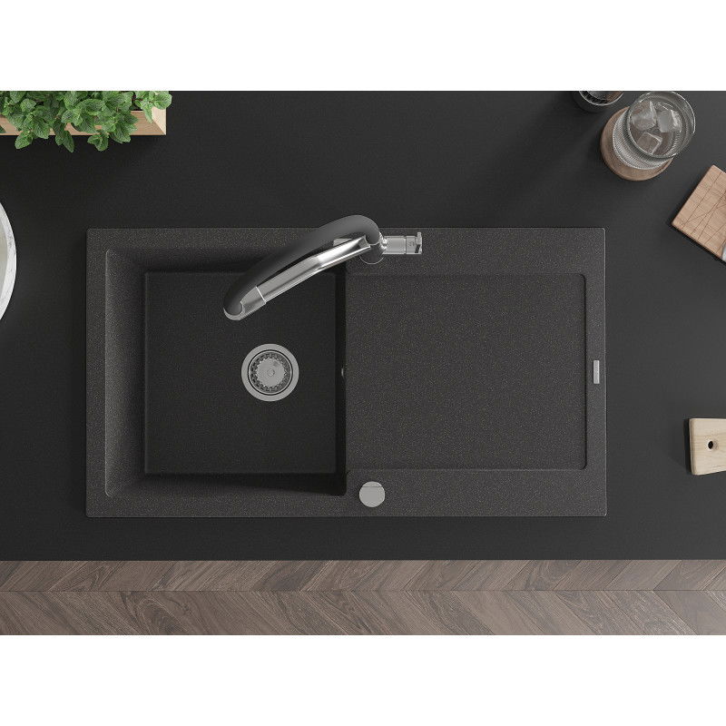 Mexen Leo granitový dřez 1-komorový s odkapávačem a kuchyňskou baterií Duo, černý žíhaný - 6501-76-671701-07
