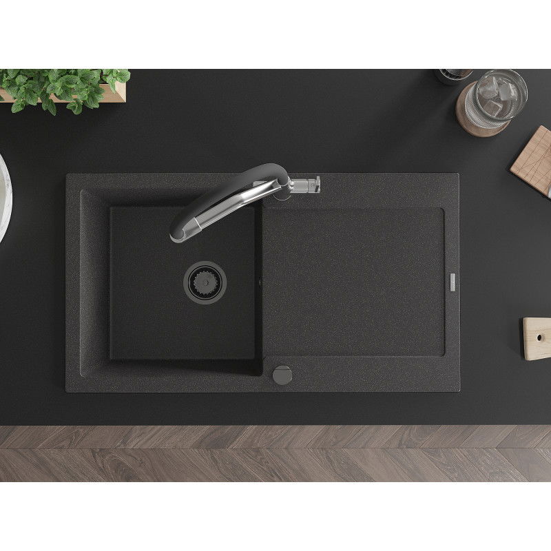 Mexen Leo granitový dřez 1-komorový s odkapávačem a kuchyňskou baterií Duo, černý kropenatý - 6501-76-671701-07-B