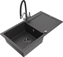 Mexen Leo granitový dřez 1-komorový s odkapávačem a kuchyňskou baterií Duo, černý kropenatý - 6501-76-671701-07-B