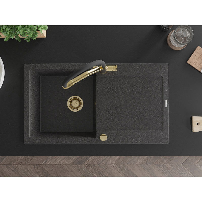 Mexen Leo granitový dřez 1-komorový s odkapávačem a kuchyňská baterie Duo, černý skvrnitý - 6501-76-671701-57-G