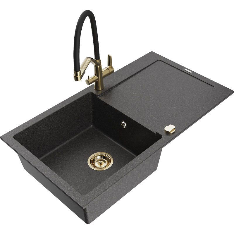 Mexen Leo granitový dřez 1-komorový s odkapávačem a kuchyňská baterie Duo, černý skvrnitý - 6501-76-671701-57-G