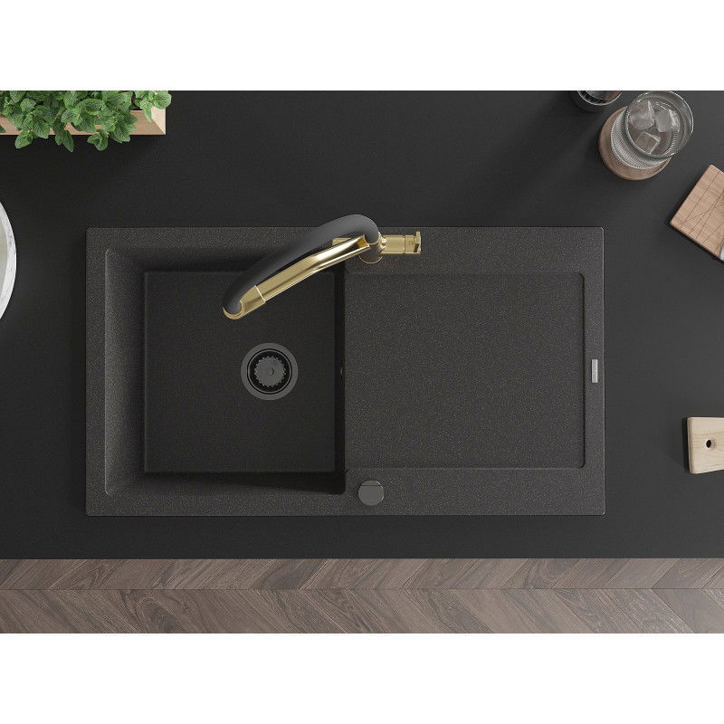 Mexen Leo granitový dřez 1-komorový s odkapávačem a kuchyňskou baterií Duo, černý skvrnitý - 6501-76-671701-57-B