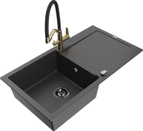 Mexen Leo granitový dřez 1-komorový s odkapávačem a kuchyňskou baterií Duo, černý skvrnitý - 6501-76-671701-57-B