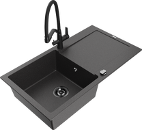 Mexen Leo granitový dřez 1-komorový s odkapávačem a kuchyňská baterie Duo, černý skvrnitý - 6501-76-671701-70-B